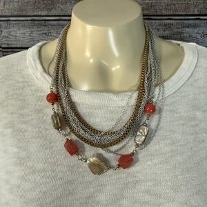 Brass and silver tone layer necklace with coral and pearlescent beads